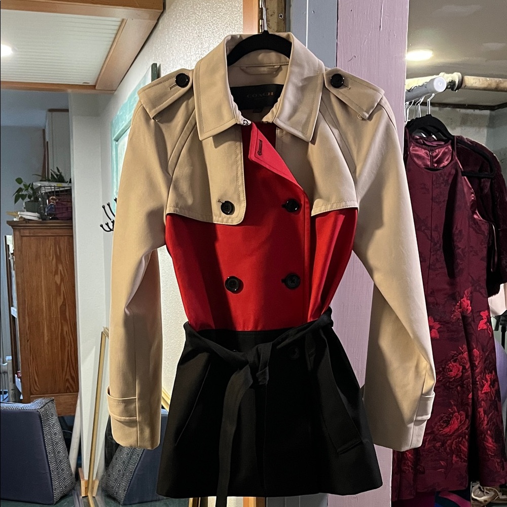 Coach Women's Red, Black, and Cream Trench Coat